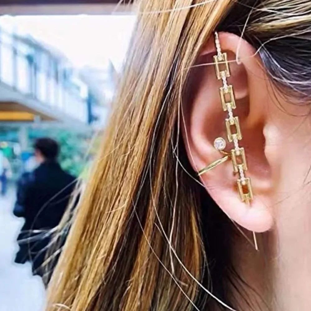 Gold Crystal Single Link Bar Geometric Ear Cuffs Statement Earring NEW